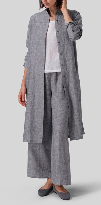 Two Tone Navy White Linen High Stand Collar Long Shirt Set