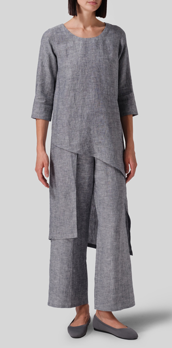 Two Tone Navy White Linen Asymmetrical Tunic Set