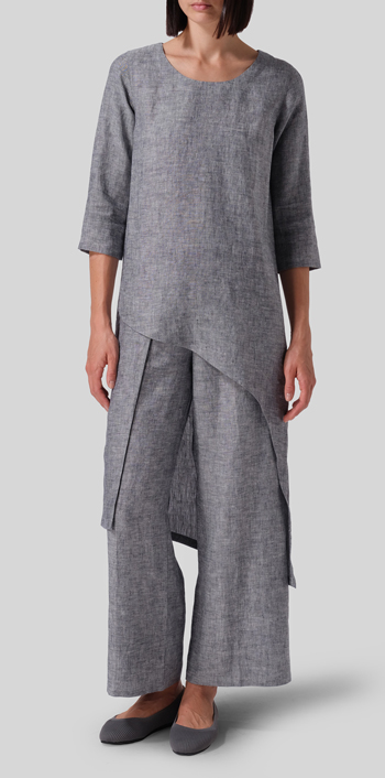 Two Tone Navy White Linen Asymmetrical Tunic Set