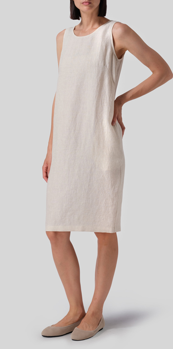White Sand Linen Sleeveless Round Neck Dress