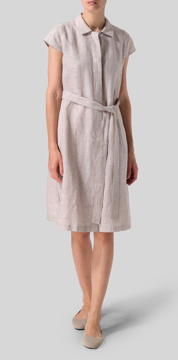 Two Tone Beige Linen Coat Dress with Tie