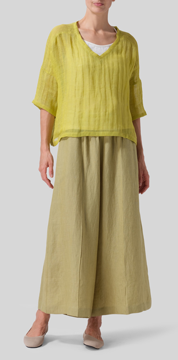 Yellow Woven Linen Deep V-neck Top Set