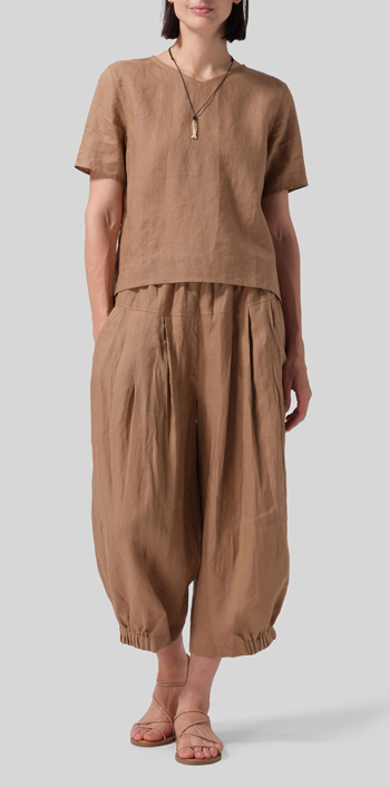 Clay Brown Linen Regular Fit V-Neck Short Top Set