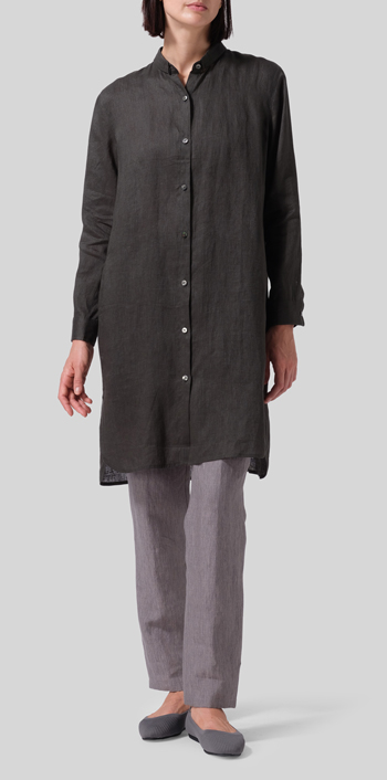 Dark Green Linen Stand Collar Long Shirt Set