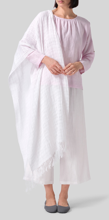 Soft Pink Linen Loose Pleated Roll-Tab Sleeve Top Set