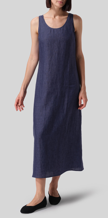 Denim Linen Scoop Neck Sleeveless Long Dress