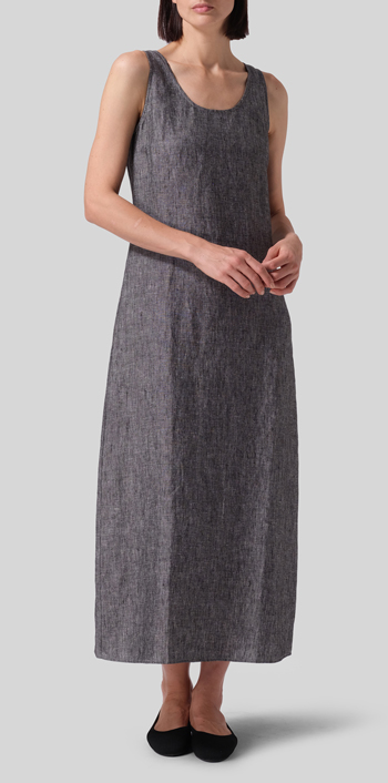 Two Tone Black Linen Scoop Neck Sleeveless Long Dress