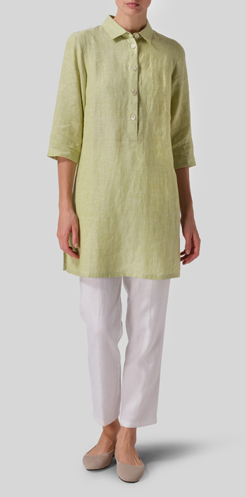 Lime Linen Straight Fit Shirt Collar Tunic