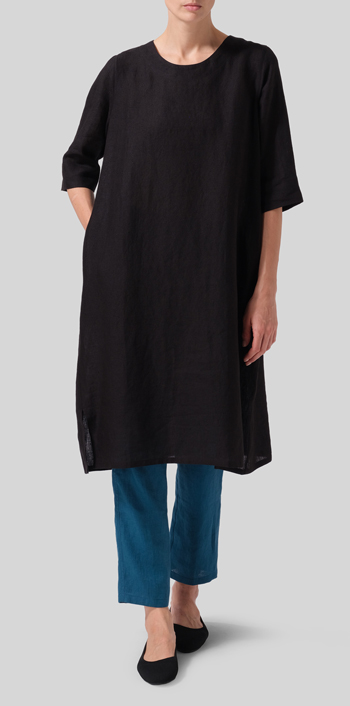 Black Linen Half Sleeve Dress Set