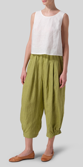 Lime Olive Green Linen Crumple Effect Harem Pants