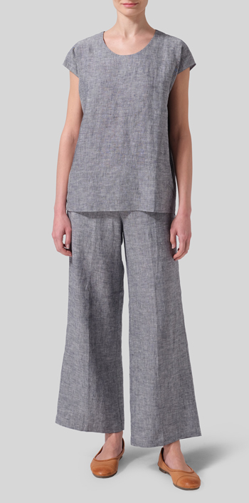 Two Tone Navy White Linen Straight Stick-Shaped Top