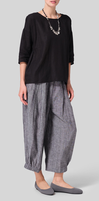 Black Linen Relaxed 3/4 Sleeve Pleated Top Set