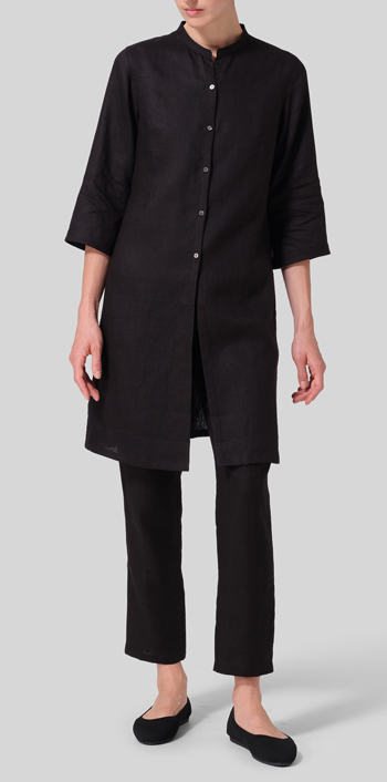 Black Linen Mandarin Collar Simple Long Blouse