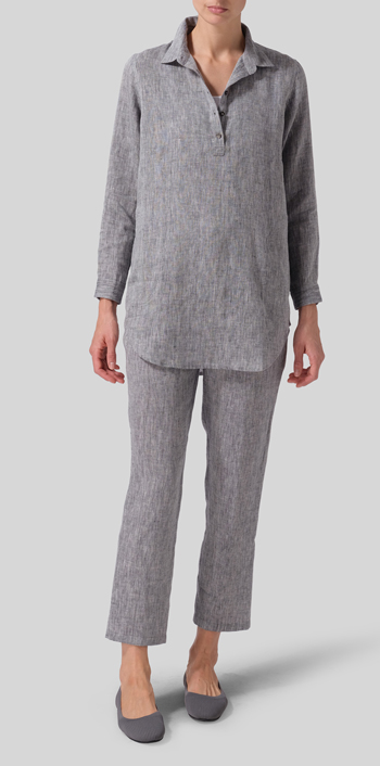 Linen Classic Collar Half Button Down Tunic Set