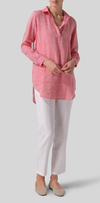 Two Tone Red Linen Classic Collar Half Button Down Tunic