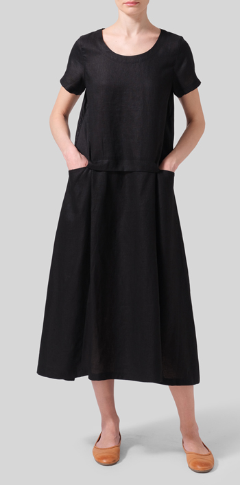 Black Linen Short Sleeves A-Line Dress