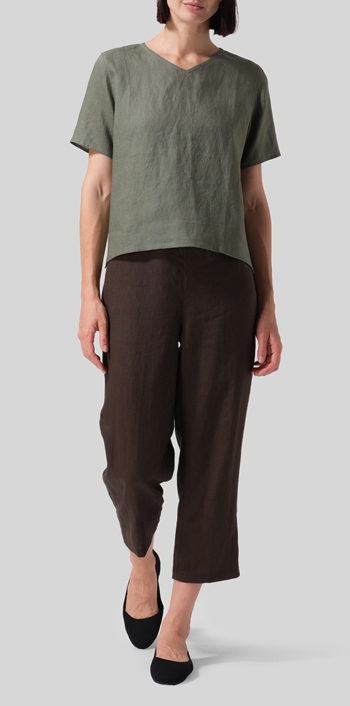 Khaki Green Linen Regular Fit V-Neck Short Top
