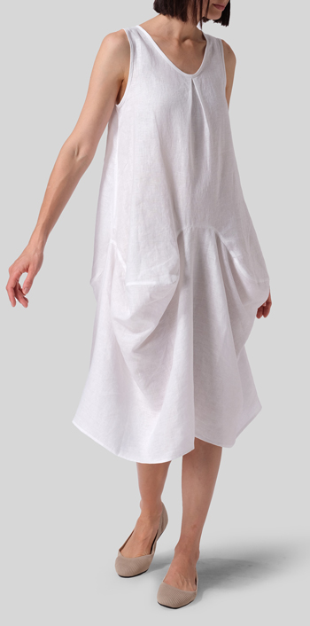 White Linen Sleeveless Draped Dress