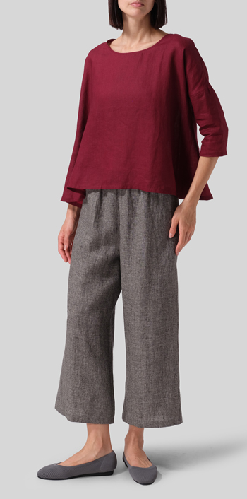 Burgundy Linen Contrast Dropped Shoulder Top