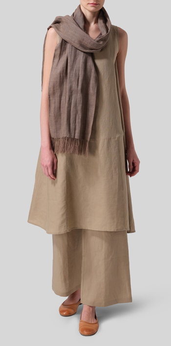 Khaki Sand Linen A-line Scoop Neck Tunic Set