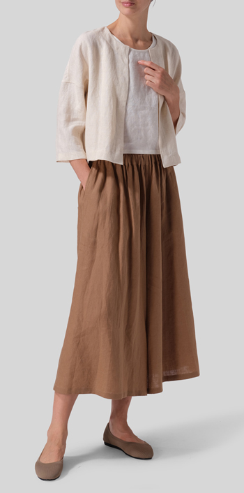 White Sand Linen Open Front 3/4-Sleeve Cropped Jacket