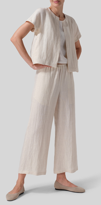 White Sand Linen Open Front Cropped Jacket
