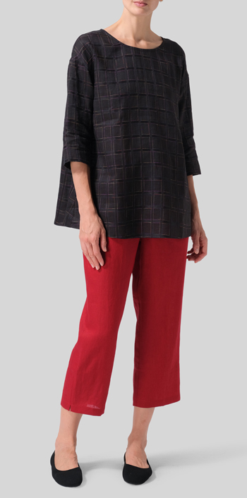 Multi-colour Black Plaid Medium Weight Linen Sloped Shoulder A-line Blouse Set