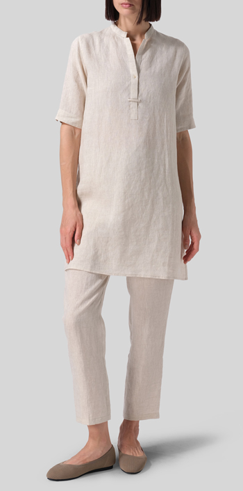 Oat Linen A-line Tunic With Double-layer Collar