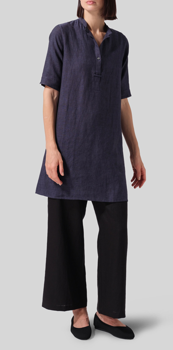 Dark Denim Linen A-line Tunic With Double-layer Collar