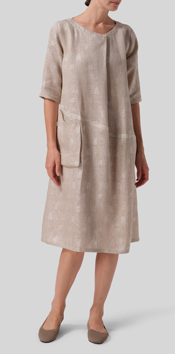 Linen Jacquard Long Center Pleated Dress