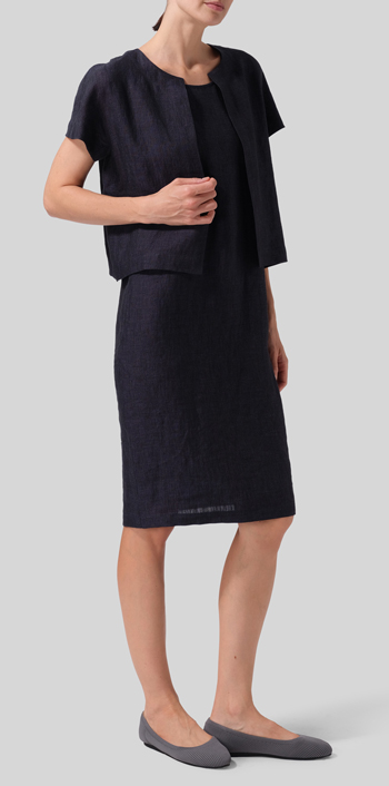 Denim Blue Linen Open Front Cropped Jacket Set