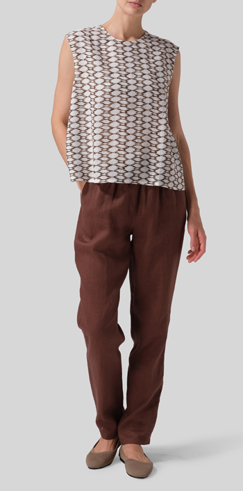 Khaki Beige Net Pattern Linen A-Line French Sleeve Blouse