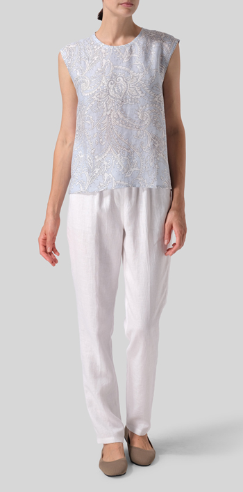 Blue Paisley Waves Linen A-Line French Sleeve Blouse