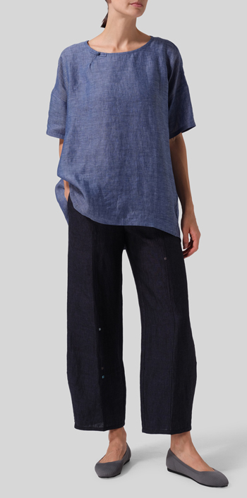 Azure Blue Linen Relaxed Handmade Knot Buttons Top