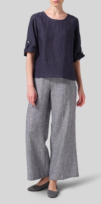 Dark Denim Linen Relaxed Fit Boat Neck Top