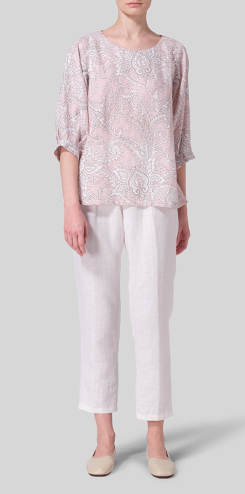 Pink Paisley Waves Linen Pleated Sleeve Top