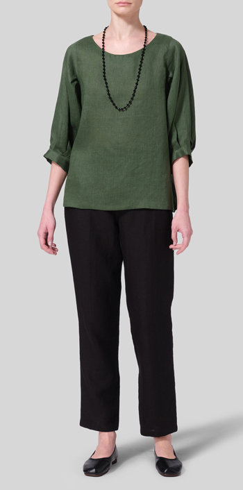 Grass Green Linen Pleated Sleeve Top