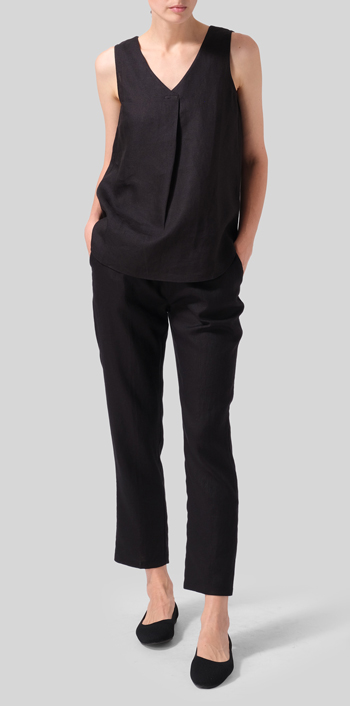 Black Linen Pleated Cross Front Top