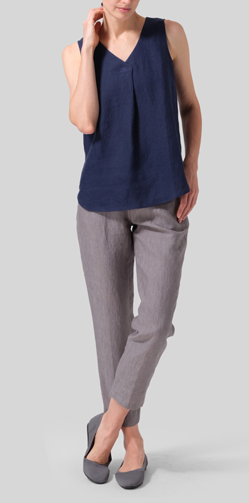 Midnight Blue Linen Pleated Cross Front Top