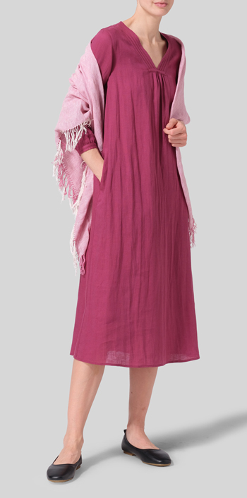 Red Violet Linen A-line Embroidered Dress