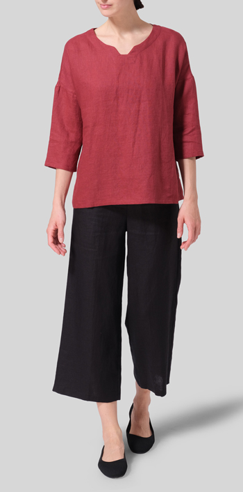 Burgundy Linen Notch Square Neckline Dropped Shoulder Top