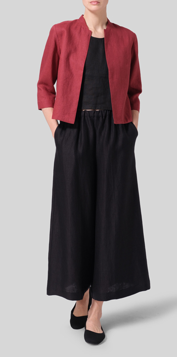 Burgundy Linen Crop Blazer Set