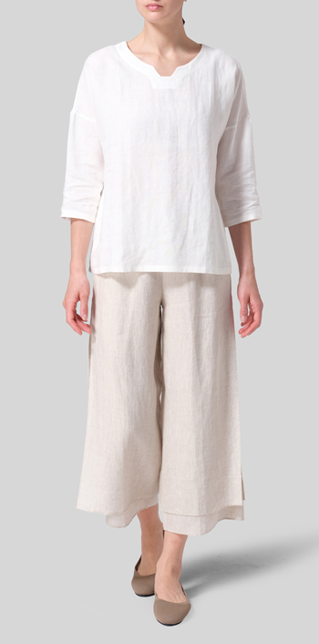 Soft White Linen Notch Square Neckline Dropped Shoulder Top