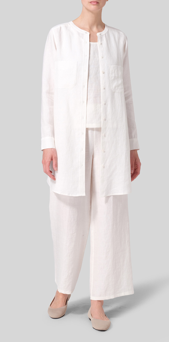 Soft White Linen Open Front Long Shirt