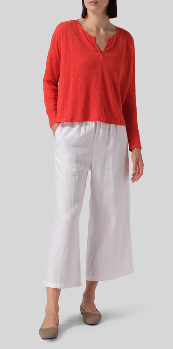 Orange Red Knitted Linen Jersey V-Neck Boxy Top