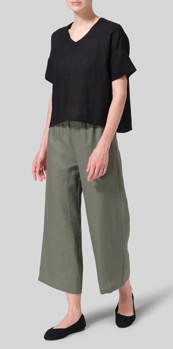 Black Linen Sloped Shoulder Wide Boxy V-neck Top