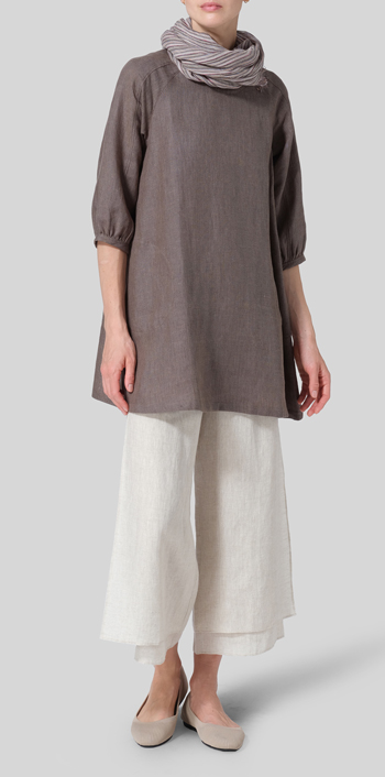 Dark Khaki Green Linen Elbow Sleeve Tunic Set