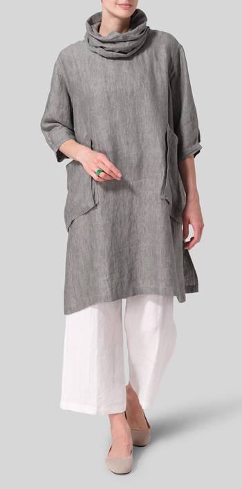 Dull Green Heavy Linen Cowl Neck Oversized Tunic