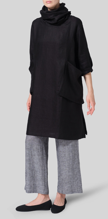 Black Heavy Linen Cowl Neck Oversized Tunic