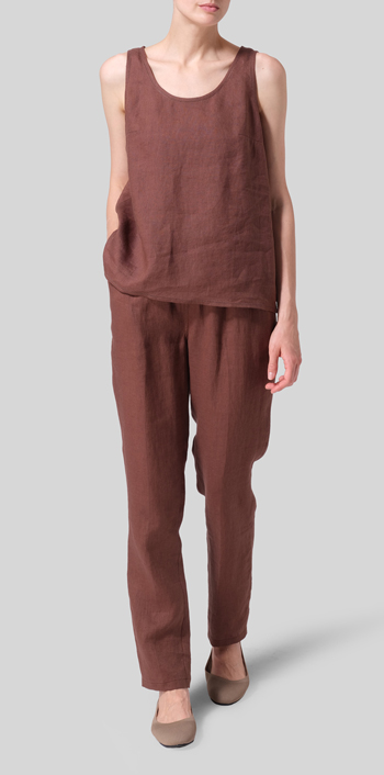 Brown Linen Embroidered Sleeveless Cami Set